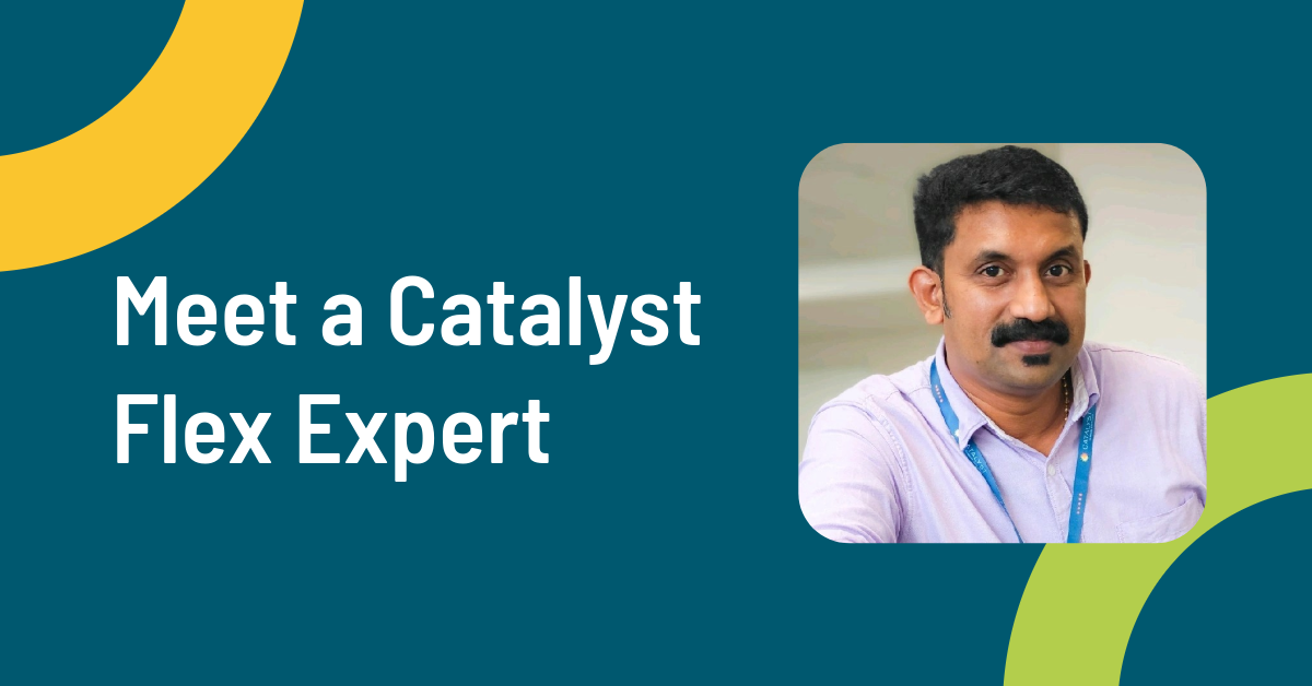 Graphic with Meet a Catalyst Expert text with a headshot of Nidheesh Sreedharan