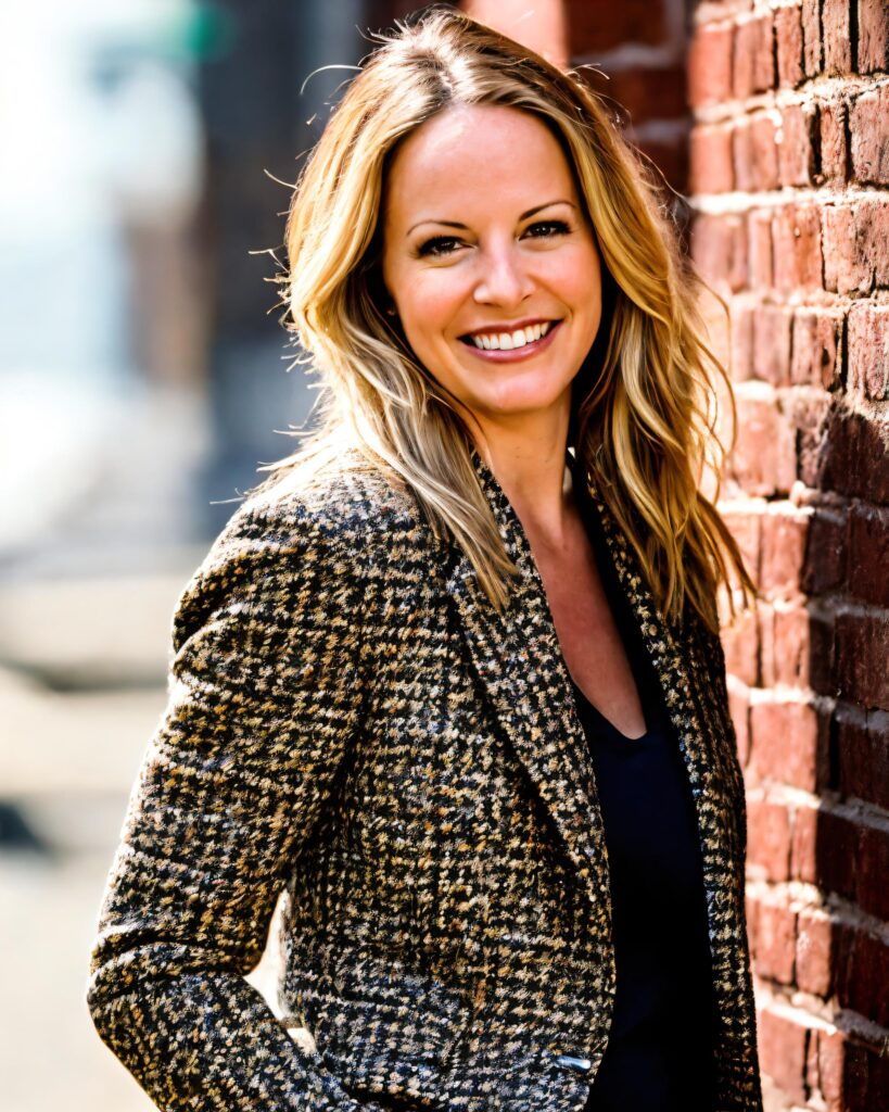 Kristin Judge smiling toward the camera in front of a brick wall