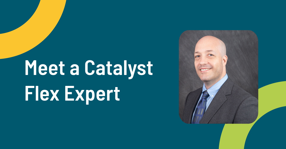 Graphic for Meet a Catalyst Flex Expert with a headshot of Michael Caskey in a suit and tie