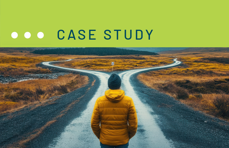 Case study graphic with person deciding on upcoming choice.