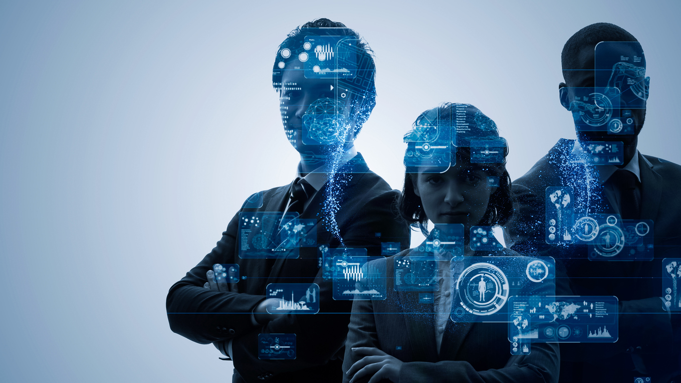 Business and technology concept. Silhouettes of group of biometrics team.